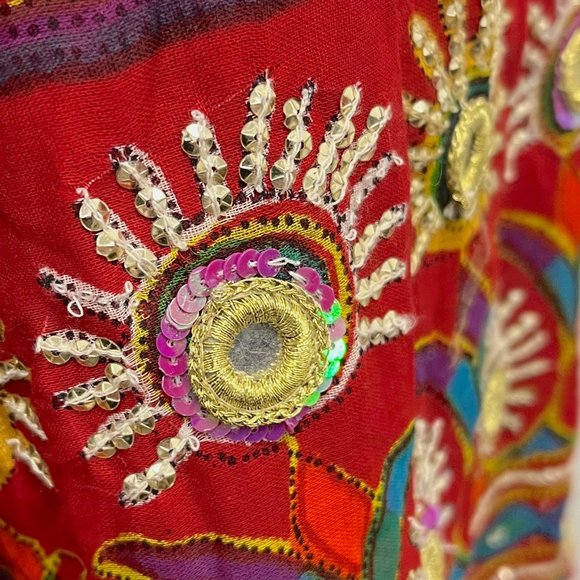 Soft Surroundings bohemian wrap maxi skirt beaded mirrors red gold L India - Picture 4 of 8